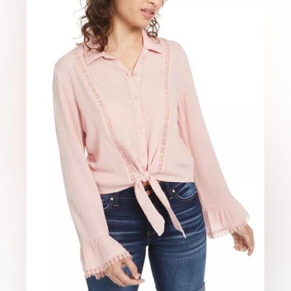 Gypsies & Moondust Tops - (H1) Gypsies & Moondust WomensButton Up Shirt Pink BellSleeves Tie Lace Trim, XS